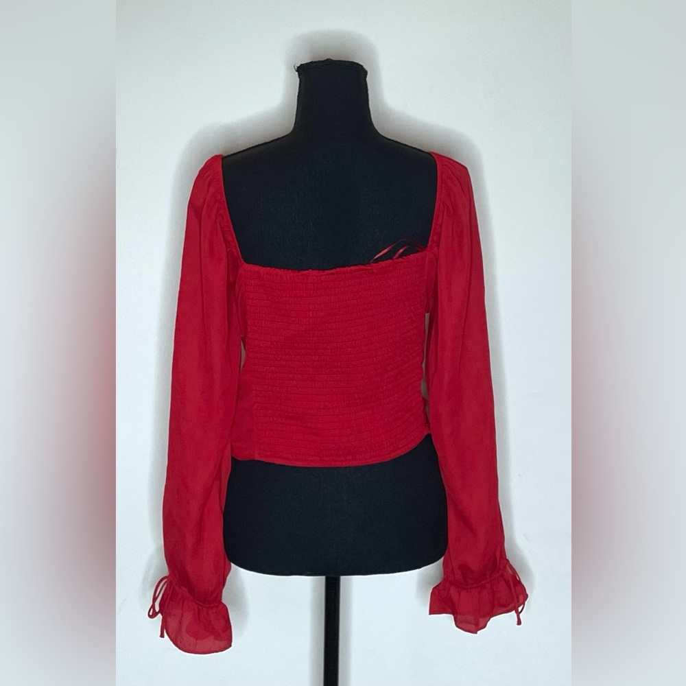 miami- Red Square-Neck Pleated Peasant Blouse Size M - Picture 6 of 12